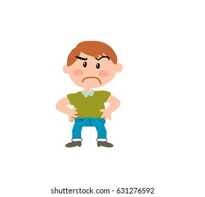 Boy with green clothes, angry, in isolated vector illustration.