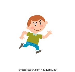 Boy with green clothes, running in isolated vector illustration.
