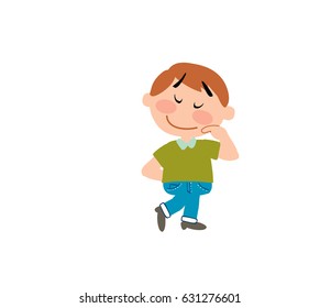 Boy with green clothes, shy, in isolated vector illustration.