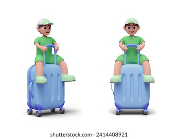 Boy in green clothes sits on blue suitcase. Traveling with children. Transportation of small passengers. Set of 3D toddlers on white background. Family vacation concept