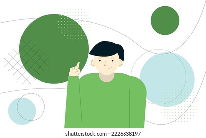 niño con ropa verde enseña. ilustración vectorial con fondo de formas abstractas.