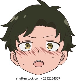 Boy with green hair and golden eyes, he looks straight ahead, embarrassed, red blush on his cheeks svg