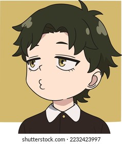 Boy with green hair and golden eyes, looks to the left, embarrassed, yellow background svg