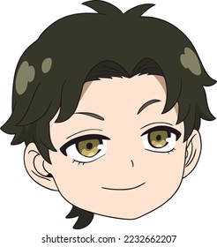 Boy with green hair and golden eyes, looks to the right, smiles, white background, head only svg