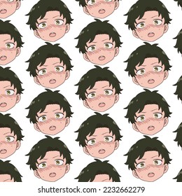 Boy with green hair and golden eyes, he looks straight ahead, embarrassed, red blush on his cheeks, pattern svg