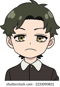 Boy with green hair and golden eyes, he looks straight ahead, frustrated, school black uniform with a white shirt svg