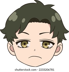 Boy with green hair and golden eyes, he looks straight ahead, frustrated, head only svg