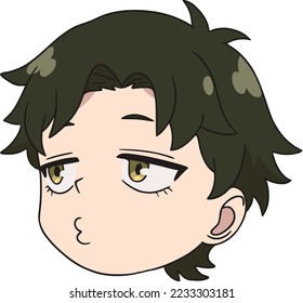 Boy with green hair and golden eyes, he looks to the left, embarrassed, head only, doodle, coloring book svg