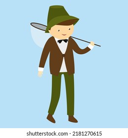Un niño con un sombrero verde con una red