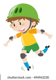 Boy with green helmet rollerskating illustration