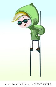 Boy in green jacket and green sunglasses walks on stilts.