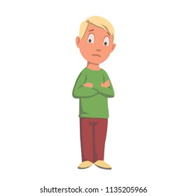 Boy in green looking worried or confused, teenager character hand crossed. Flat vector illustration. Isolated on white background.