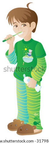 Boy in green pyjamas cleans teeth