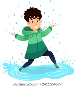Boy in green raincoat splashing in puddle under rain, happy child during rainfall. Enjoying rainy weather, playful kid, childhood fun vector illustration.