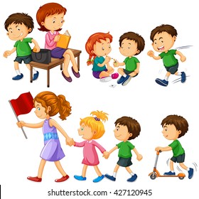 Boy in green shirt doing different activities illustration