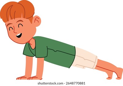 A boy in a green shirt and shorts performs a push-up with a cheerful expression in a cartoon style. Smiling child exercising in a playful animated manner. Cartoon vector illustration.