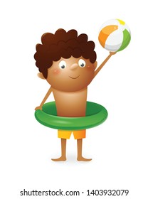 Boy with green swim ring and ball enjoying his summer vacation