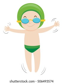 Boy in green swimsuit and cap illustration