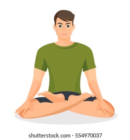 Boy in green T-shirt sitting and practicing lotus posture. Vector illustration of young male person taking exercises in oriental style on white. Boy keeping healthy lifestyle and training body