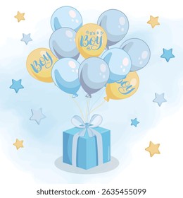 It's a boy greeting card for baby announcement with balloons, stack of presents, and cute stars in a playful blue theme