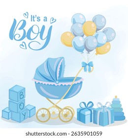 It's a boy greeting card with baby announcement and cute blue flat illustrations, ideal for newborn celebration and baby shower