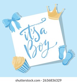 Its a boy greeting card for baby shower with blue newborn flat illustrations including baby elements and decorations for celebration and announcement
