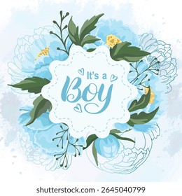 It's a boy greeting card with beautiful blue peonie flower, perfect for baby announcement, celebration, and nursery decoration