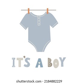 It's a boy. Greeting card with bodysuit. Baby shower invitation. Boho style. vector illustration