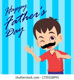 A boy greeting Happy Father's Day holding a mustache prop