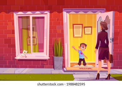 Boy Greeting Mother At House Door. Woman Coming Home From Work To Child. Vector Cartoon Illustration Of Son Welcomes Mom, Smiles And Waving Hand At Entrance To Brick Residential Building