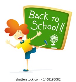 Boy grimaces and plays the ape in front of chalkboard. Joyful kid. Funny cute joyful back to school cartoon drawing. Eps 10 vector flat humor illustration.
