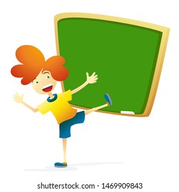 Boy grimaces and plays the ape in front of chalkboard. Joyful kid. Funny cute cheerful pupil or student cartoon drawing. Eps 10 vector flat humor illustration.