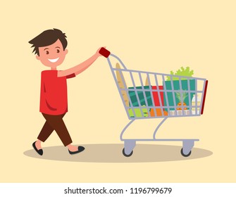 Boy with a grocery cart. Vector illustration.