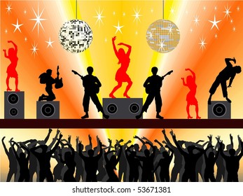 boy group in concert with mirror balls and many people