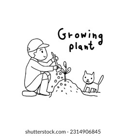 boy growing plant with cat, outline drawing style vector