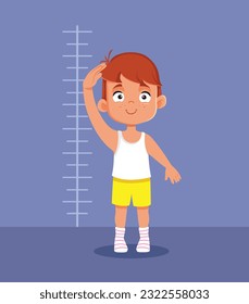 
Boy Growing Taller and Taller Health Concept Vector Illustration. Little child measuring his own height during medical examination
