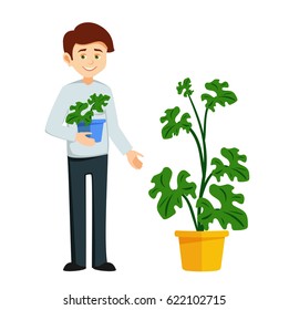 boy grows potted plants. vector illustration isolated on white background