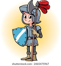 boy guard in armor guards with a halberd