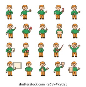 Boy guide character in educational pose set with tablet, pointer, signs, gestures, emotions, expression, standing position and communication symbols for yours illustration