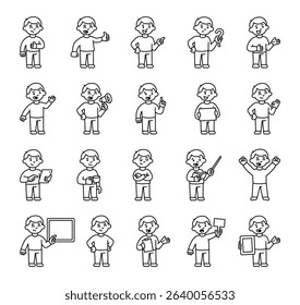 Boy guide character in educational pose set with tablet, pointer, signs, gestures, emotions, expression, standing position and communication symbols for yours illustration