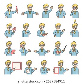 Boy guide character set with hands, books, signs, boards, devices, emotions, communication, presentation, teaching, reading, message, symbols, approval, music, and expressive human poses
