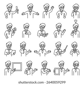 Boy guide character set with hands, books, signs, boards, devices, emotions, communication, presentation, teaching, reading, message, symbols, approval, music, and expressive human poses