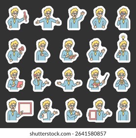 Boy guide character set with hands, books, signs, boards, devices, emotions, communication, presentation, teaching, reading, message, symbols, approval, music, and expressive human poses