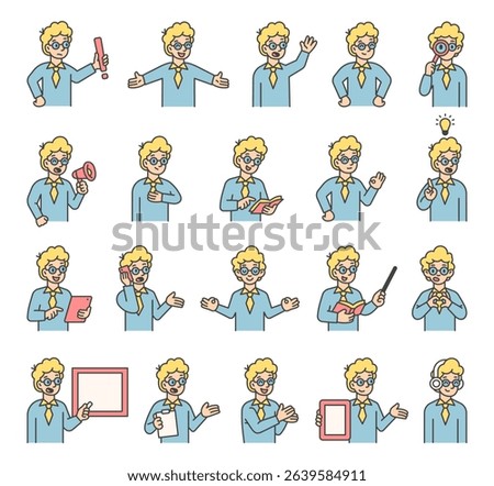 Boy guide character set with hands, books, signs, boards, devices, emotions, communication, presentation, teaching, reading, message, symbols, approval, music, and expressive human poses