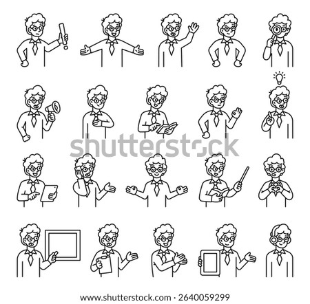 Boy guide character set with hands, books, signs, boards, devices, emotions, communication, presentation, teaching, reading, message, symbols, approval, music, and expressive human poses
