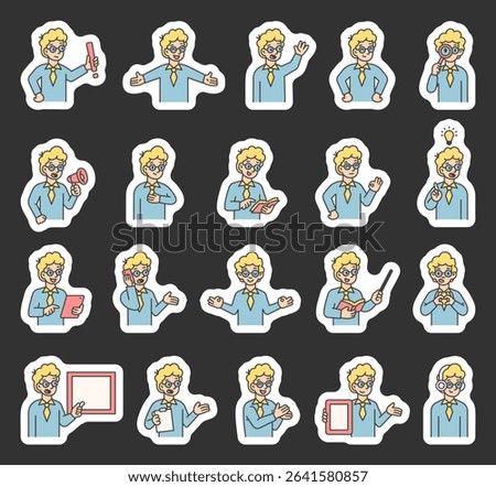 Boy guide character set with hands, books, signs, boards, devices, emotions, communication, presentation, teaching, reading, message, symbols, approval, music, and expressive human poses