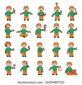 Boy guide character set showing various educational communication poses with book document laptop talking thinking idea heart symbol and stop gesture for yours designs projects