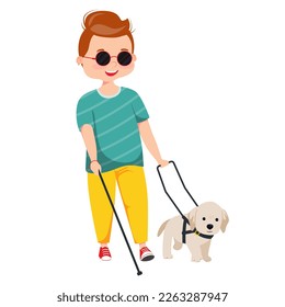 Boy with a guide dog walking. Person who is visually impaired or blind crossing a street with a cane and seeing-eye labrador. Inclusive city space. Isolated cartoon vector illustration