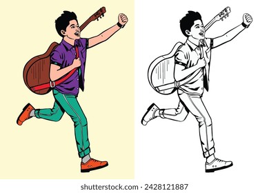 Boy with guitar, the happy teenage boy running with a guitar.