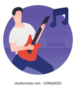 
A boy is guitar playing and having fun 
